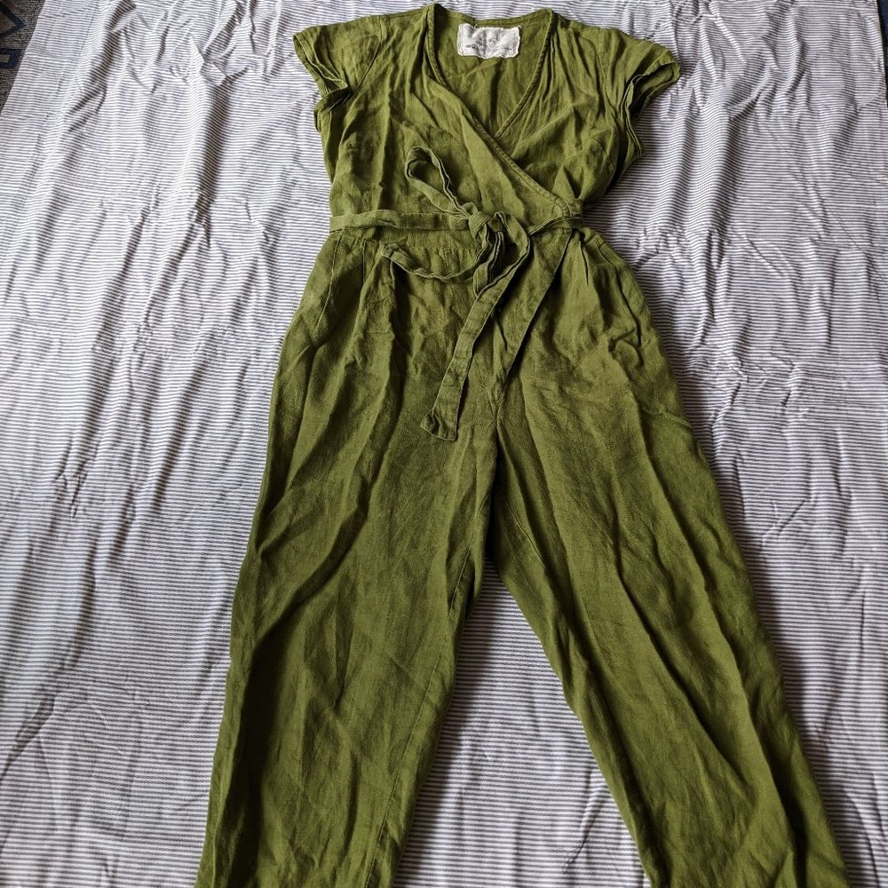 notPERFECTLINEN MARGARET wrap linen jumpsuit Moss Green Size Medium